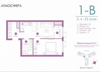 Продам однокомнатную квартиру, 37 м2, Астрахань, улица Бехтерева, 12/4, ЖК Атмосфера