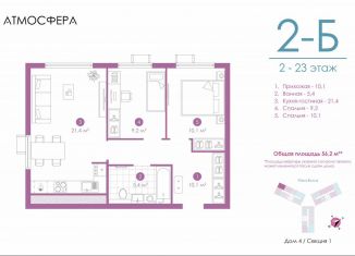 Двухкомнатная квартира на продажу, 56 м2, Астрахань, улица Бехтерева, 12/4, ЖК Атмосфера