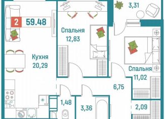 Продажа 2-комнатной квартиры, 59.5 м2, Мурино, ЖК Графика