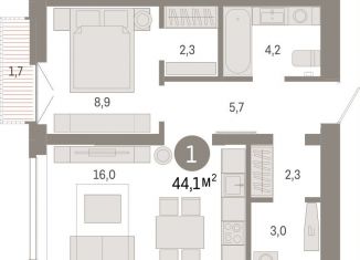 Продаю 1-ком. квартиру, 44.1 м2, Тюмень