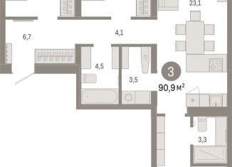 Продаю трехкомнатную квартиру, 90.9 м2, Тюмень