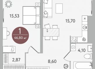 Продаю 1-комнатную квартиру, 46.8 м2, Тюмень, ЖК Машаров