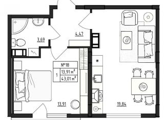 Продажа однокомнатной квартиры, 43 м2, деревня Малое Верево