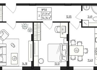 Продам 2-комнатную квартиру, 54.3 м2, деревня Малое Верево