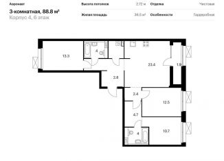 Продам трехкомнатную квартиру, 88.8 м2, Санкт-Петербург, муниципальный округ Волковское