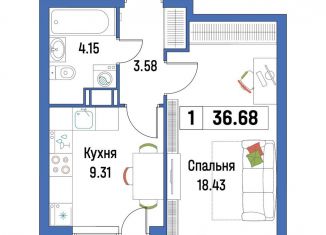 1-комнатная квартира на продажу, 36.7 м2, Мурино