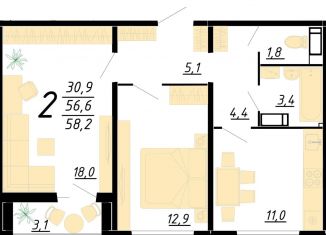 2-ком. квартира на продажу, 58.2 м2, Воронеж, улица Пескова, 6