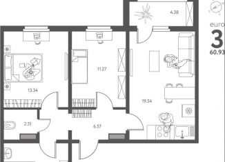 Продается 2-комнатная квартира, 60.9 м2, Липецк, улица Перова, 2Д