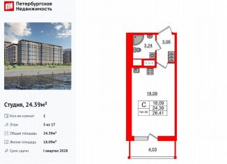 Квартира на продажу студия, 24.4 м2, Санкт-Петербург, метро Улица Дыбенко