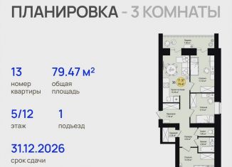 Продам 3-ком. квартиру, 79.5 м2, посёлок городского типа Медведево