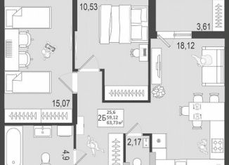 2-комнатная квартира на продажу, 60.9 м2, Тольятти