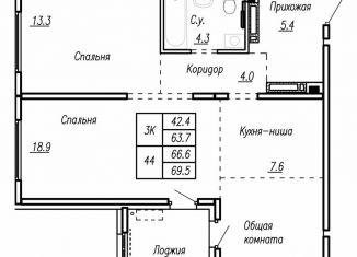 Продается квартира со свободной планировкой, 66.6 м2, Барнаул, улица Антона Петрова, 210Б