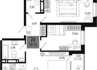 2-комнатная квартира на продажу, 58.1 м2, Аксай