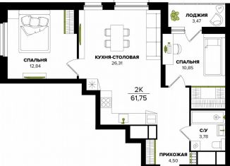 Продам 2-ком. квартиру, 58.3 м2, Тула