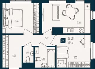 Продажа 2-комнатной квартиры, 51.4 м2, Тюмень