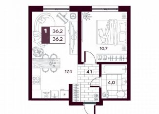 1-комнатная квартира на продажу, 36.2 м2, деревня Дударева