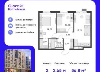 2-комнатная квартира на продажу, 56.8 м2, Санкт-Петербург, Адмиралтейский район, улица Шкапина, 43-45