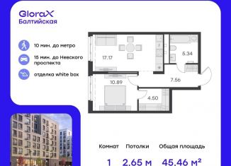 Продается однокомнатная квартира, 45.5 м2, Санкт-Петербург, улица Шкапина, 43-45, метро Балтийская