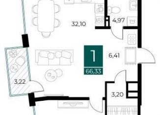 1-комнатная квартира на продажу, 66.3 м2, Рязань