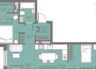 Продается 3-комнатная квартира, 58.7 м2, Пермь