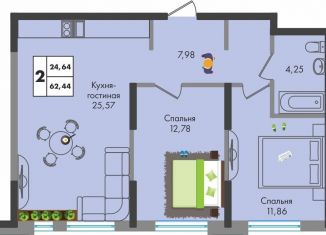 Продаю двухкомнатную квартиру, 62.4 м2, Краснодар, улица имени Генерала Брусилова, 5лит1.2