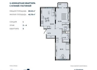 3-комнатная квартира на продажу, 69 м2, Ижевск, ЖК Пять Континентов