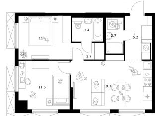 Продается 2-ком. квартира, 55.8 м2, Москва