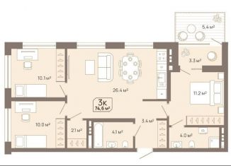 Продам 3-комнатную квартиру, 74.6 м2, Тюмень, Заполярная улица, 3к1