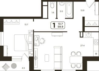 Продам 1-комнатную квартиру, 60.2 м2, Тюмень