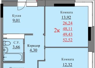 2-комнатная квартира на продажу, 49.4 м2, Ижевск, Молодёжная улица, 107В, ЖК Азбука