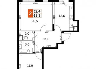 Продам двухкомнатную квартиру, 63.3 м2, Московская область