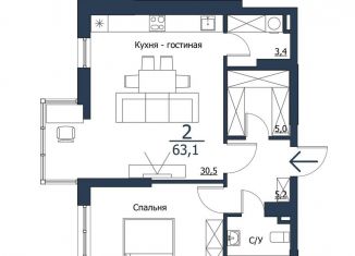 Продается 2-комнатная квартира, 63.1 м2, Красноярск, Центральный район