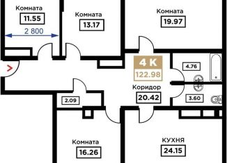 Продаю четырехкомнатную квартиру, 123 м2, Краснодар, Школьная улица, 1, Школьный микрорайон