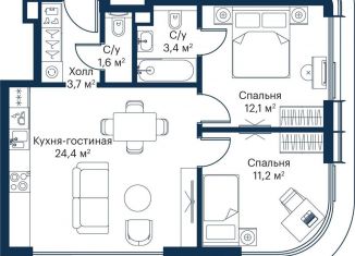 2-комнатная квартира на продажу, 56.4 м2, Москва, жилой комплекс Сити Бэй, к8, станция Трикотажная
