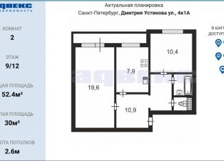 Продам 2-комнатную квартиру, 52.4 м2, Санкт-Петербург, улица Дмитрия Устинова, 4к1