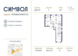 Продам трехкомнатную квартиру, 82.8 м2, Москва, ЮВАО
