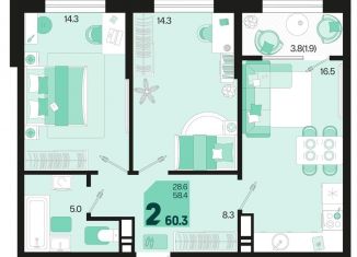 Продам 2-ком. квартиру, 60.3 м2, Краснодар, микрорайон Сосновый Бор