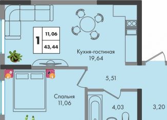 Однокомнатная квартира на продажу, 43.4 м2, Краснодар, улица имени Генерала Брусилова, 5лит1.2